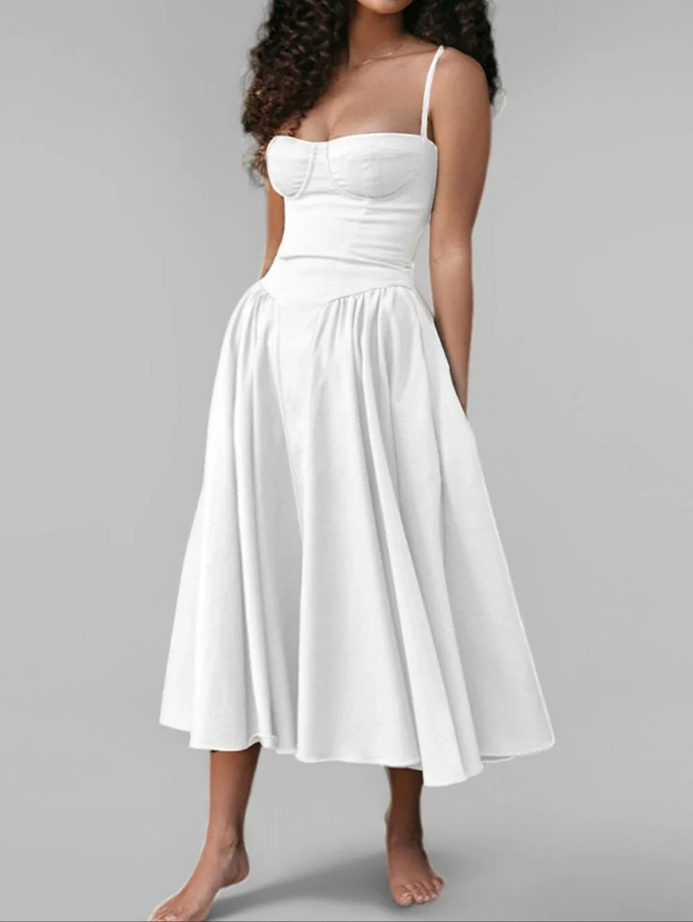 Flirty Corset Strapless Taupe Fit-and-Flare Midi Princess  Dress